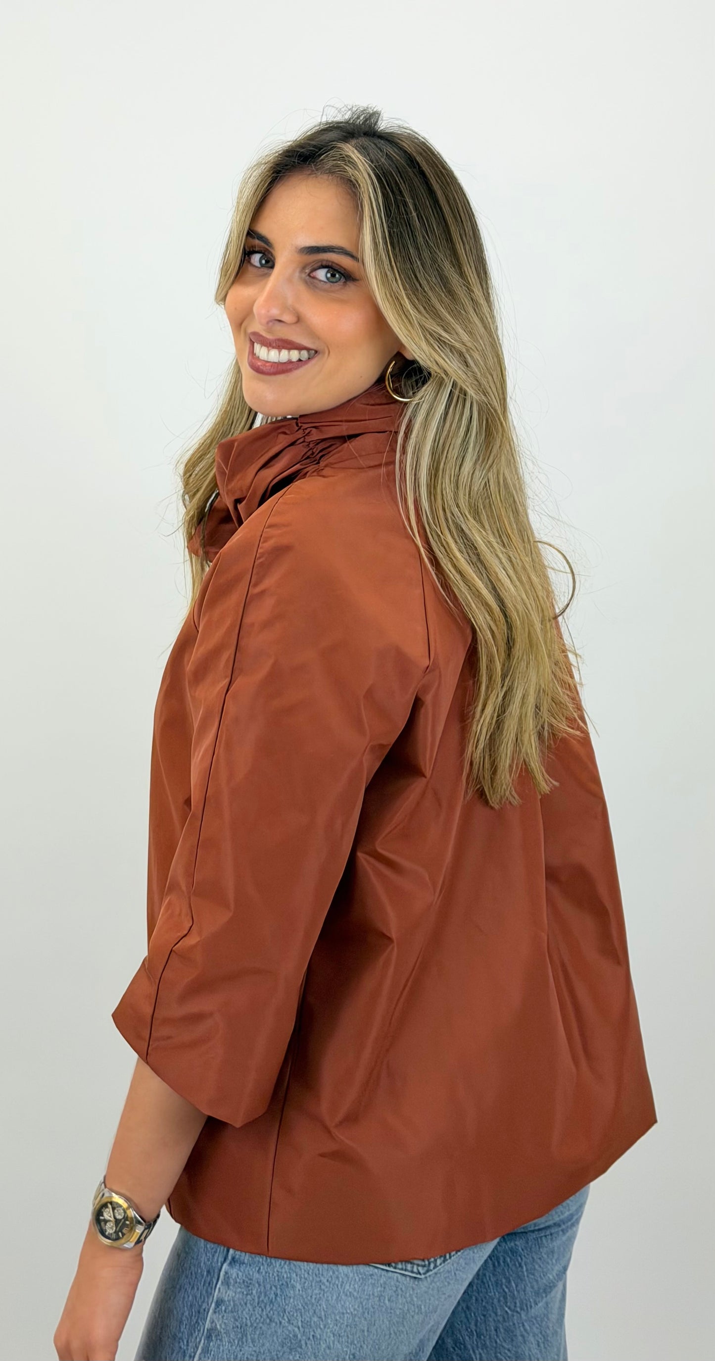 Parka manga 3/4 com botões telha