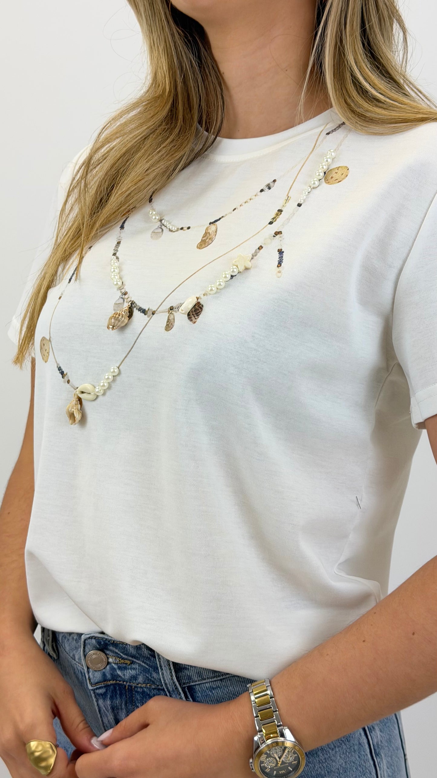 T-shirt com estampado e aplicações branca