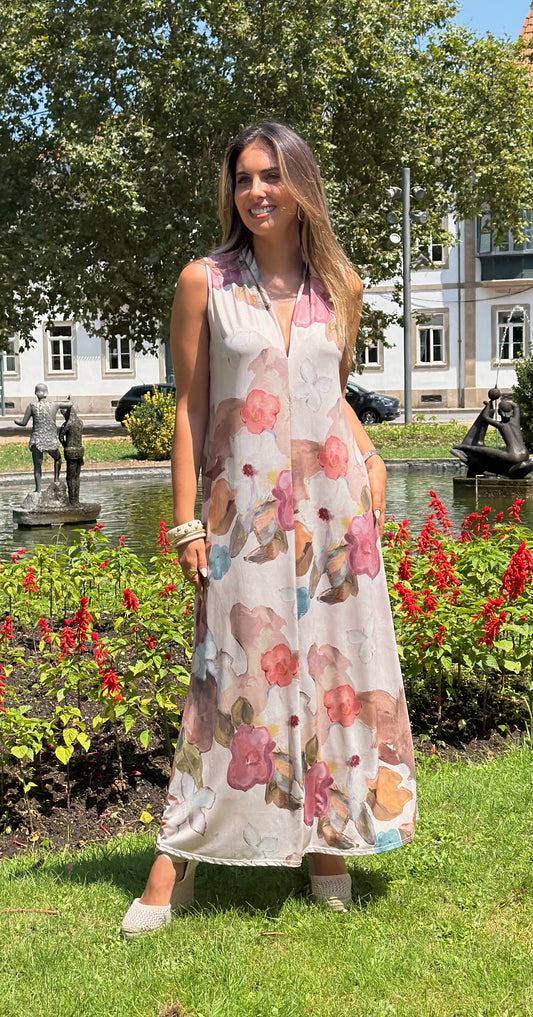 Vestido malha fria padrão floral romântico