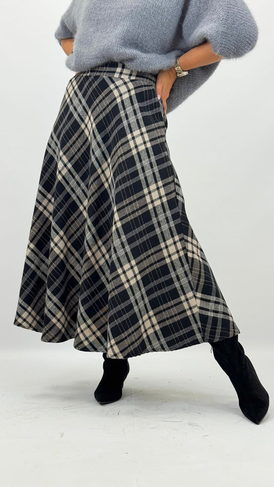 Saia estilo fazenda xadrez preto, cinza e pérola