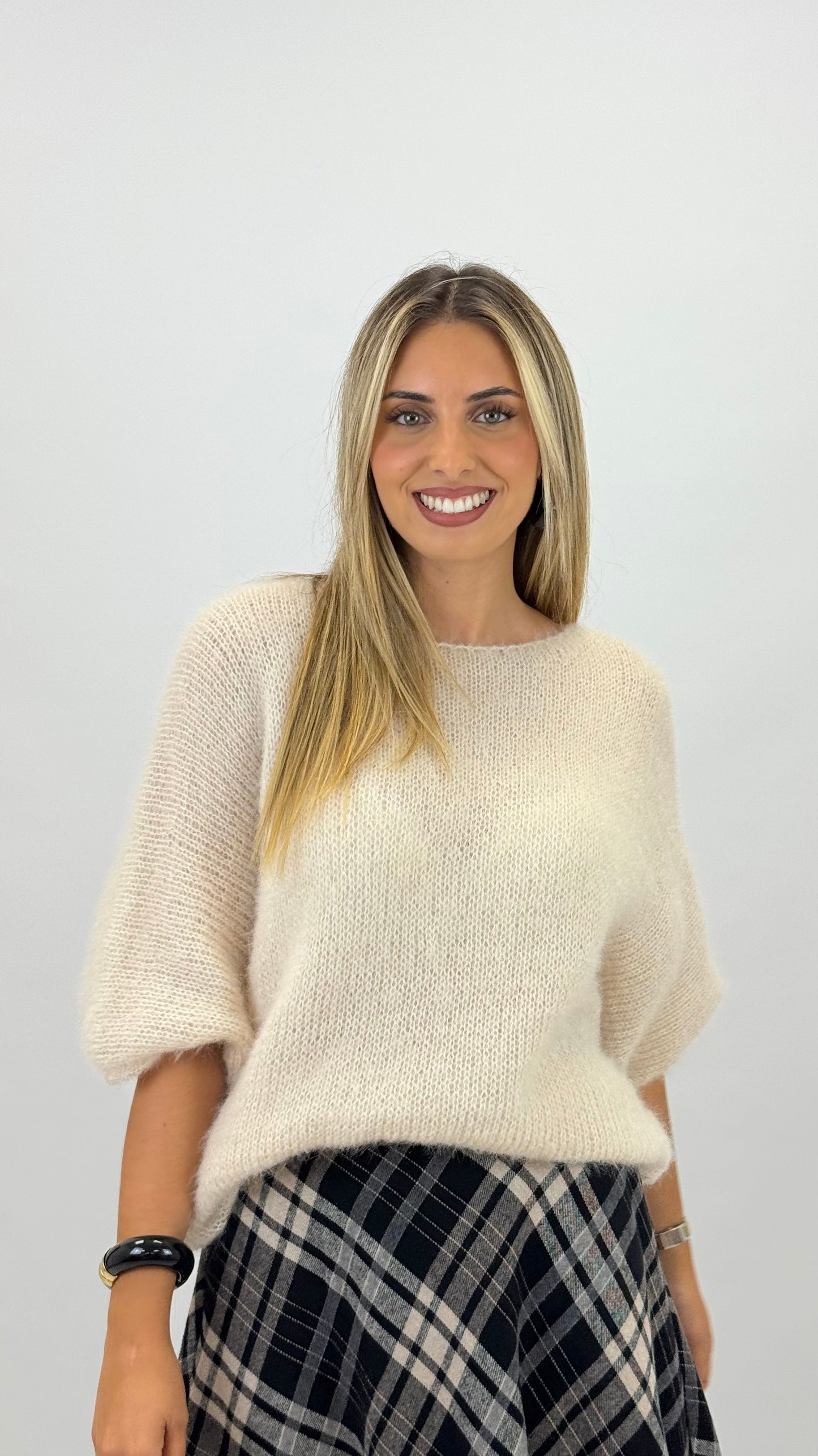 Camisola malha quente e fofa pérola