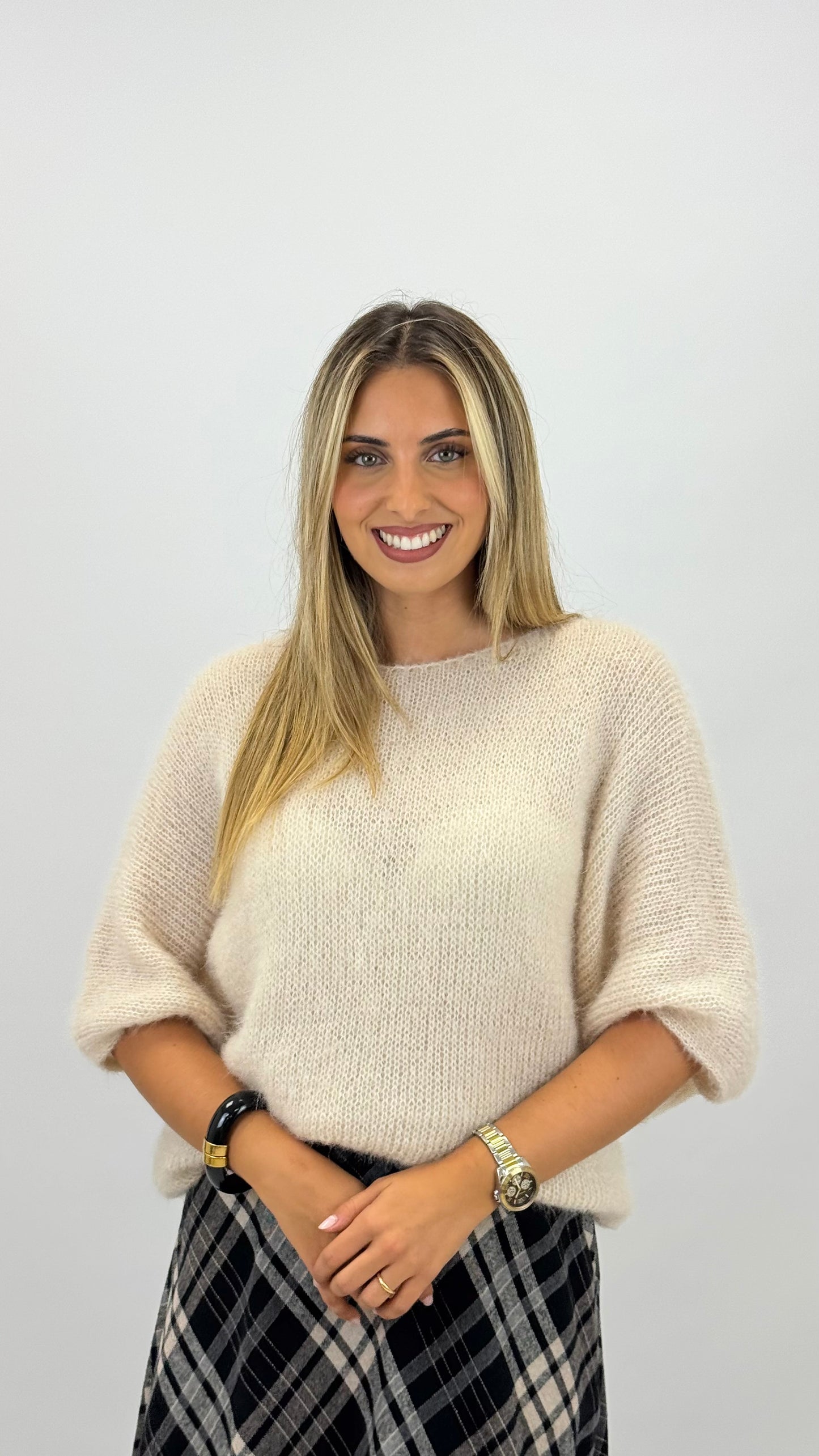Camisola malha quente e fofa pérola