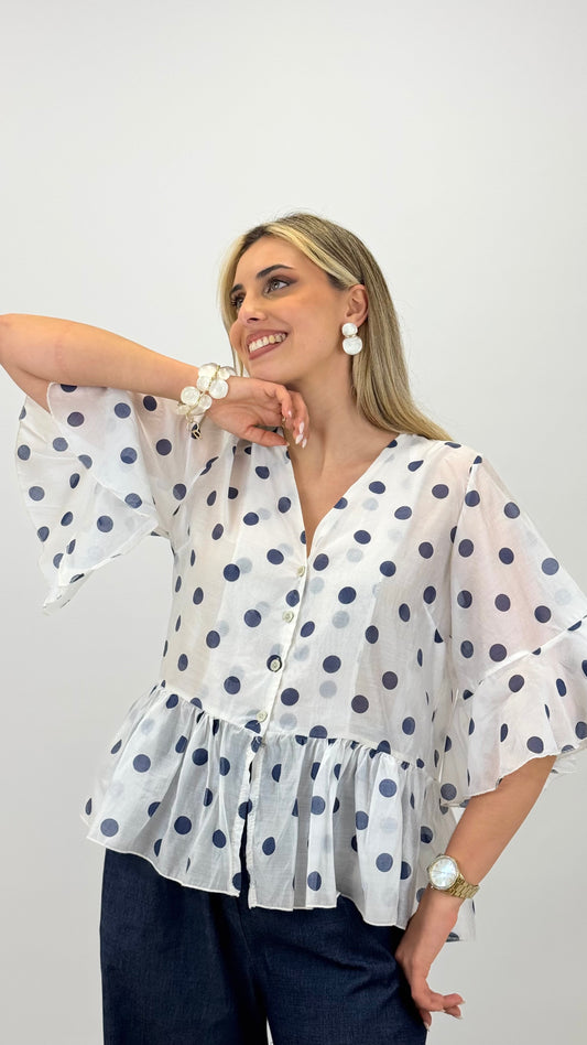 Blusa bolas azul e branco