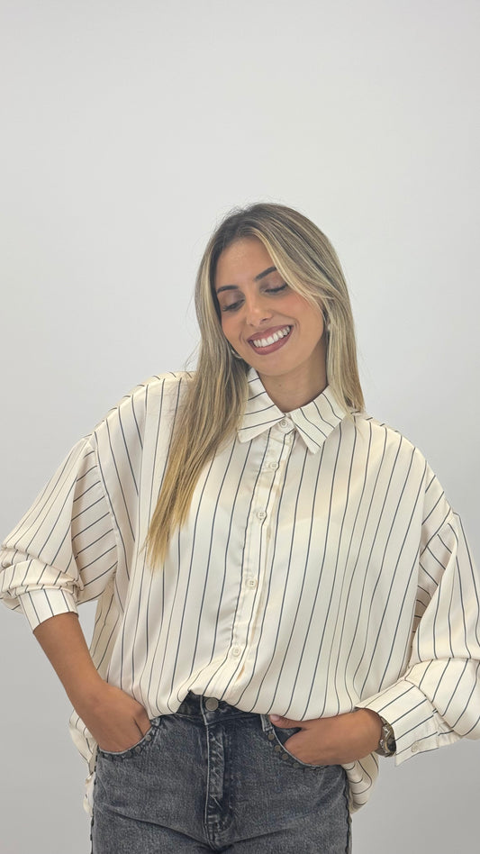 Camisa pérola com risca cinza