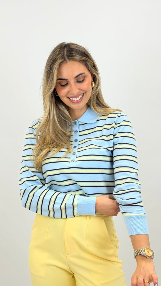 Polo azul-bebé riscas castanho e amarelo
