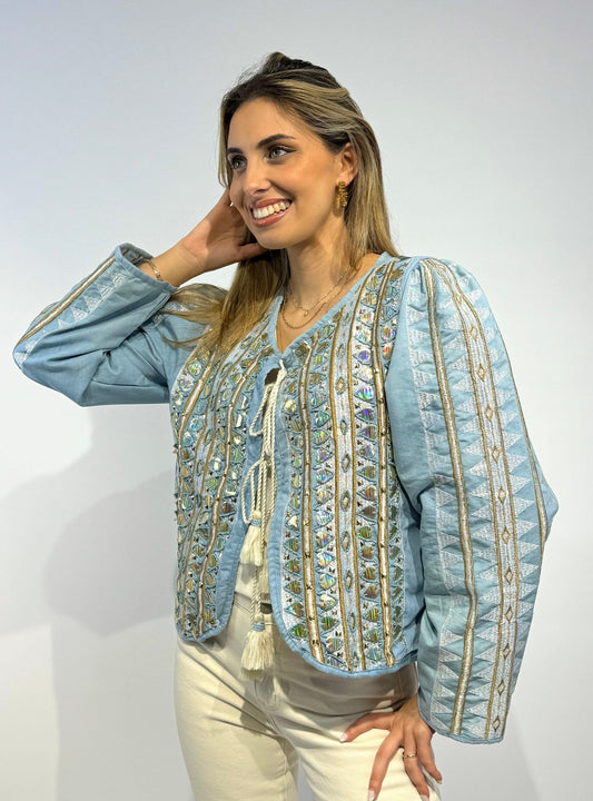 Casaco ganga com brilhos e missangas