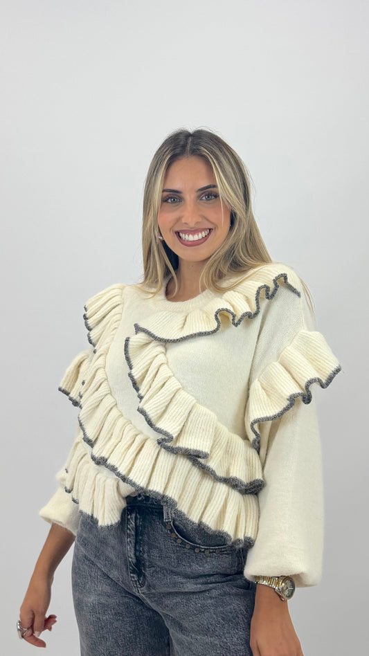 Camisola malha pérola com folhos debruados a prata