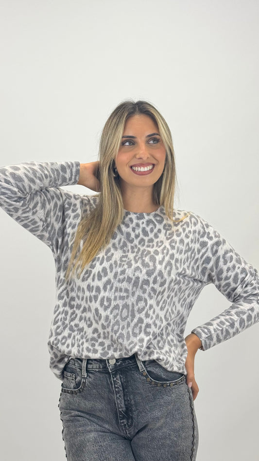 Camisola estampado animal tons cinza e branco
