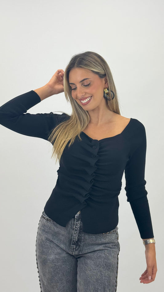 Camisola malha justa preta com folhinhos