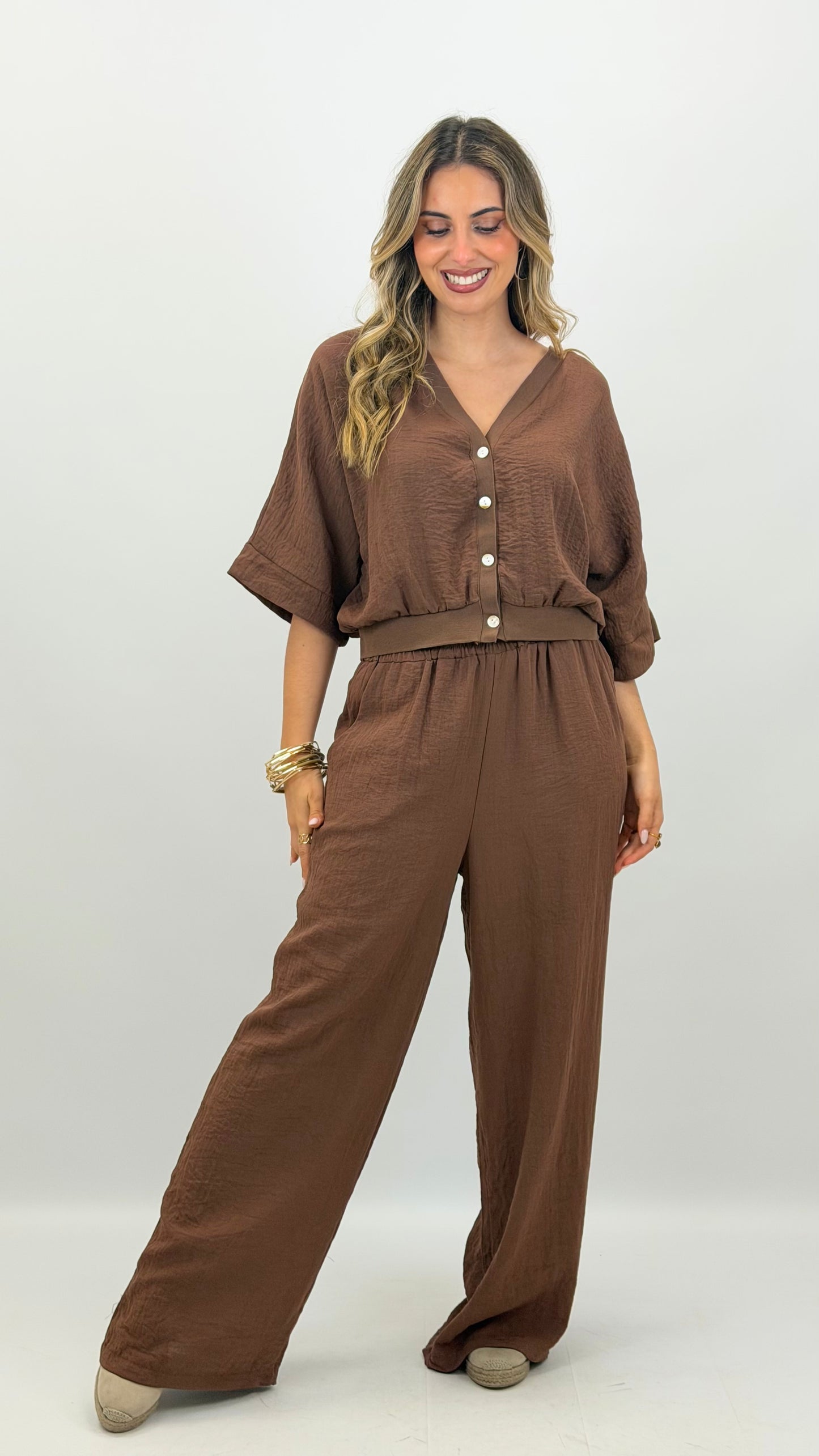 Pantalona com elástico tecido castanho