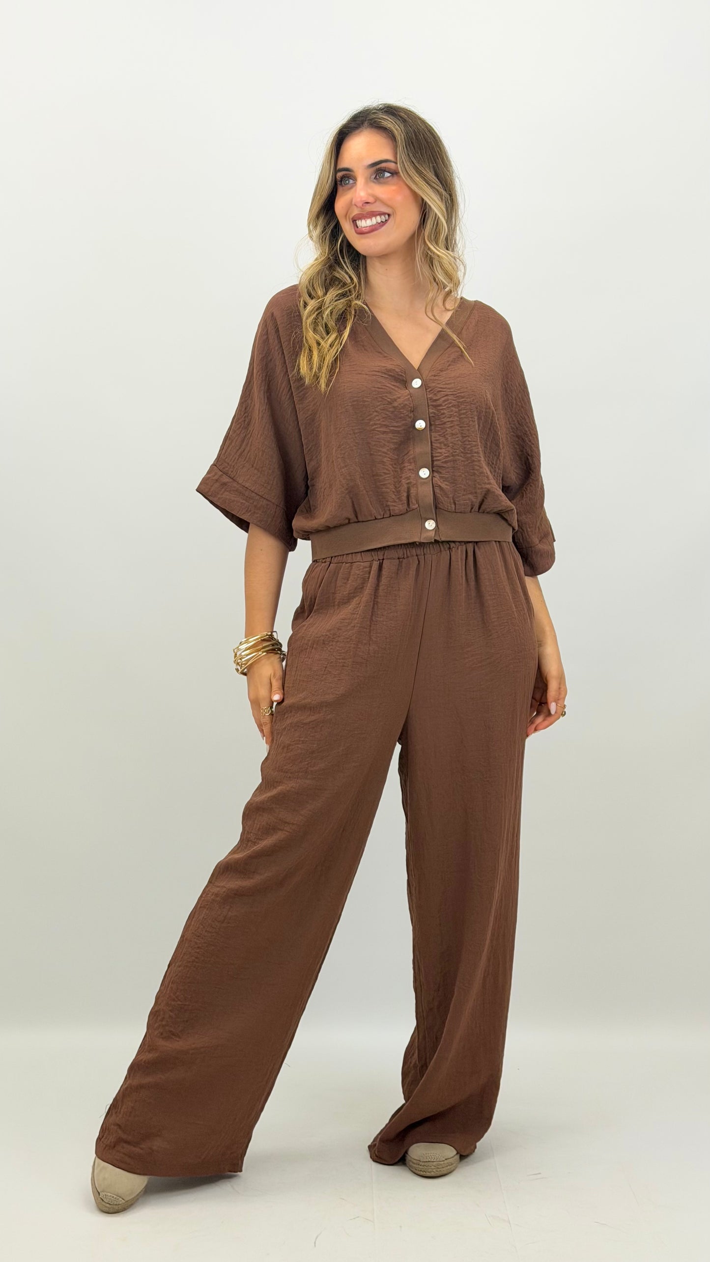 Pantalona com elástico tecido castanho