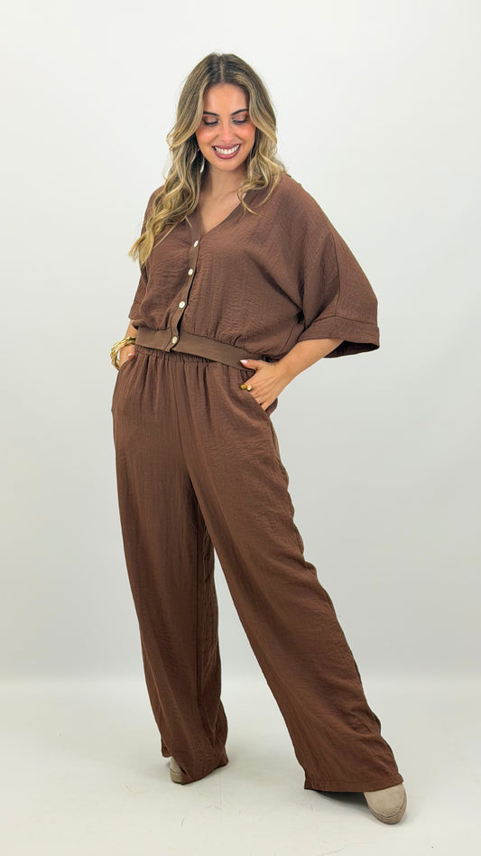 Pantalona com elástico tecido castanho