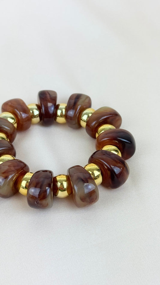 Pulseira elástica bolas douradas e Âmbar