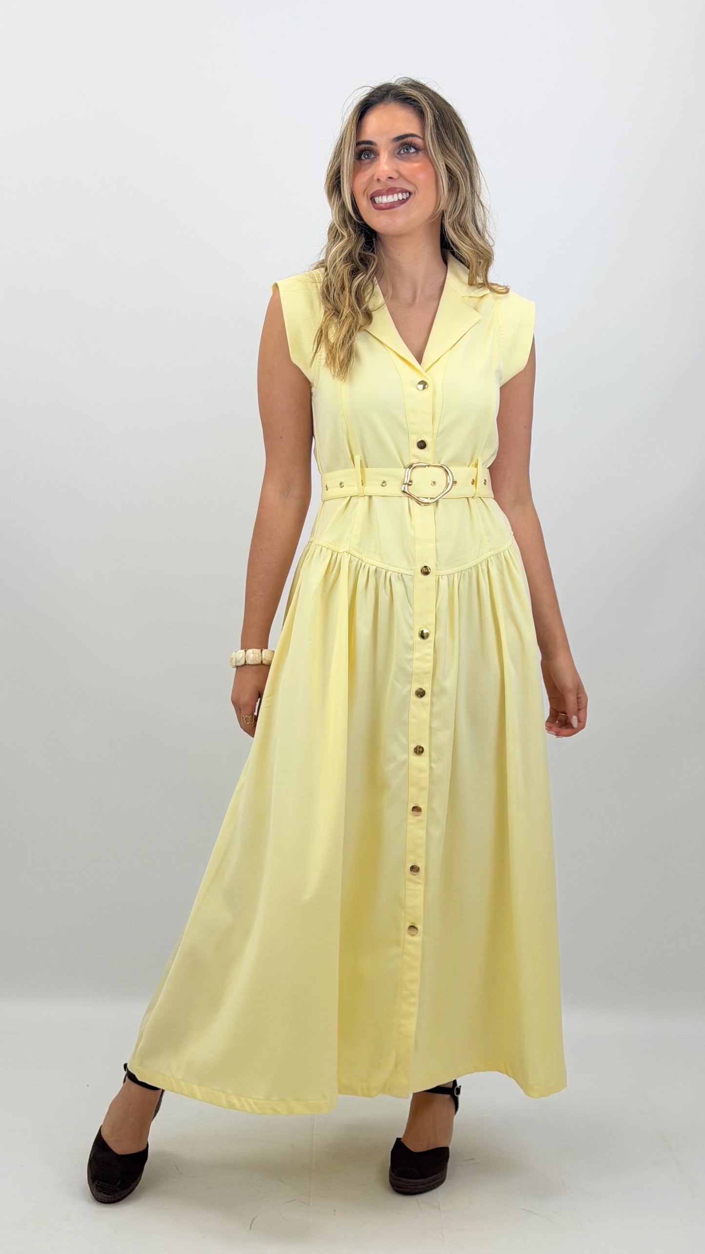 Vestido midi amarelo-manteiga
