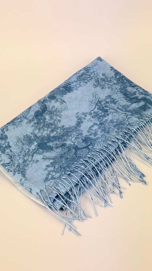 Écharpe azul-claro padrão toile-de-jouy