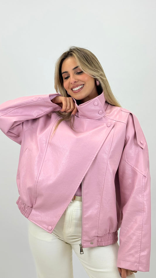 Blusão/biker eco-pele rosa