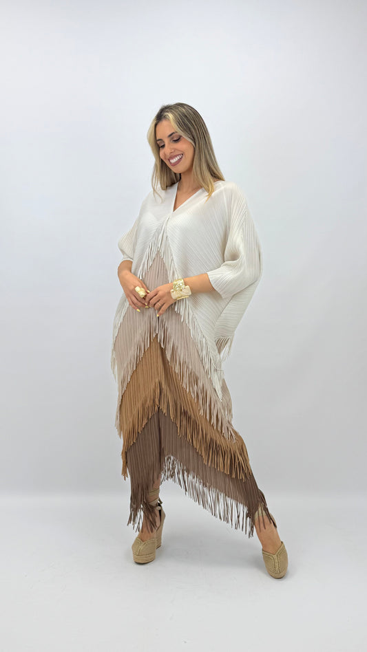Vestido franjas tons terra