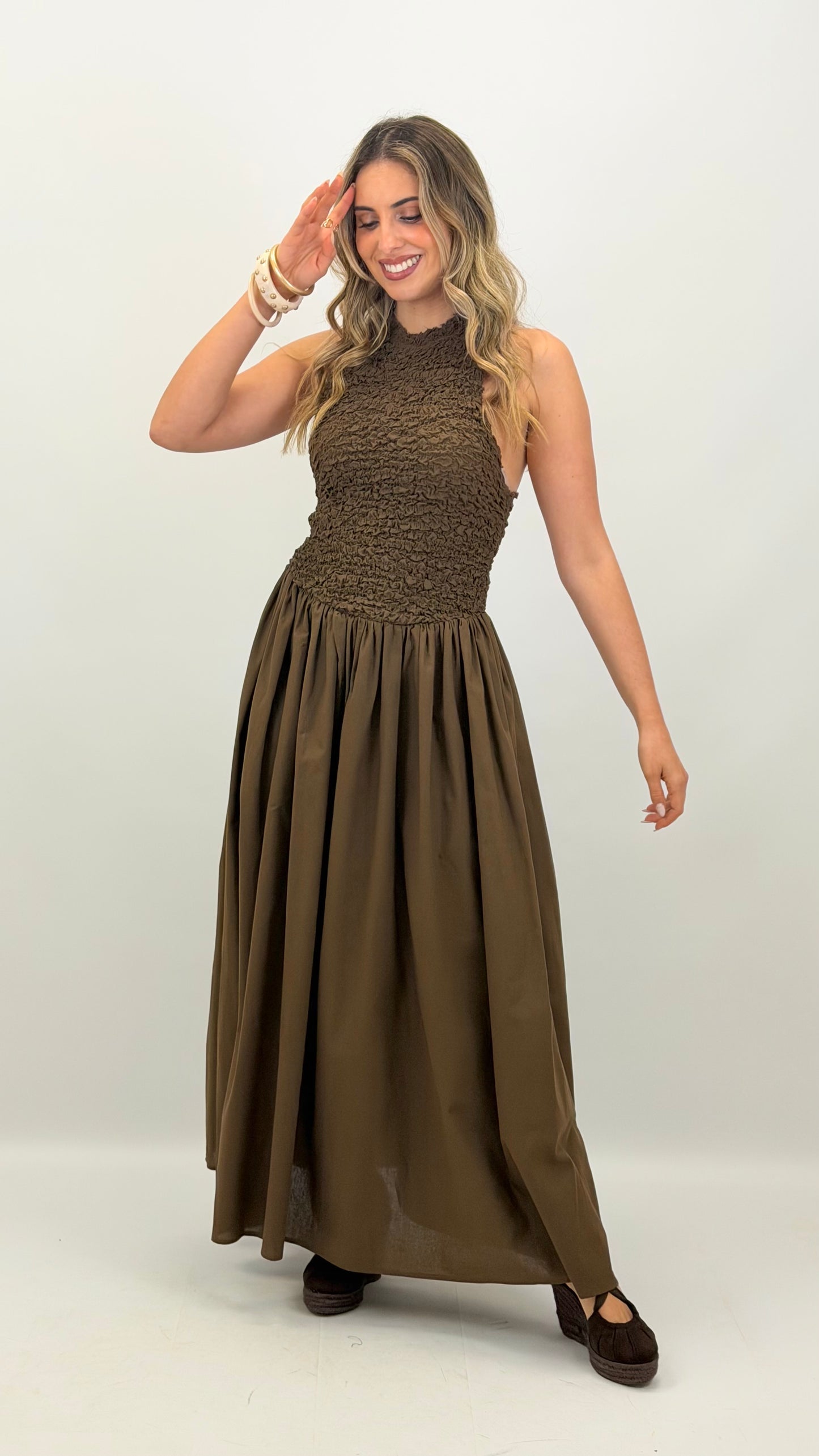 Vestido favos de mel castanho