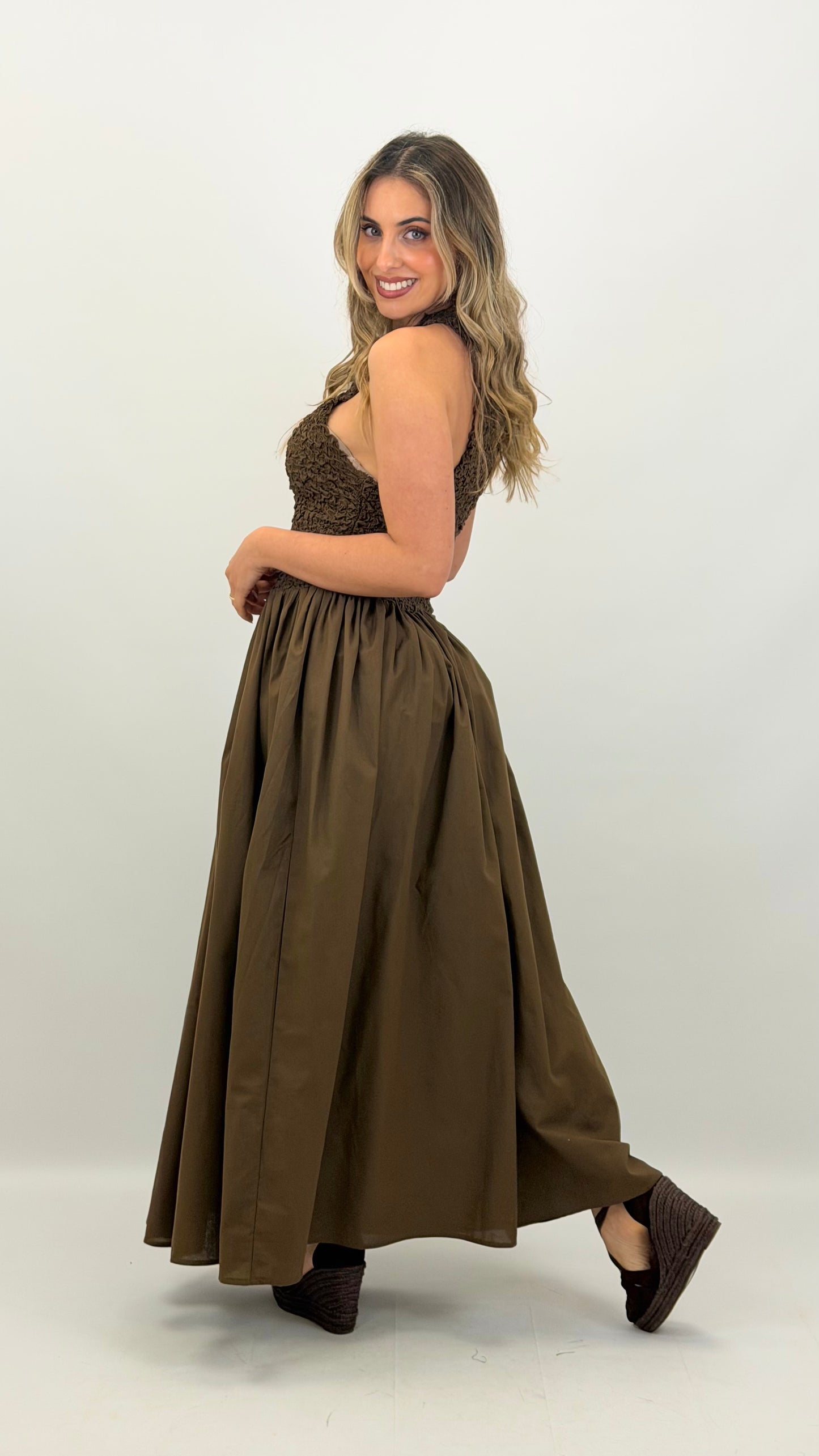 Vestido favos de mel castanho