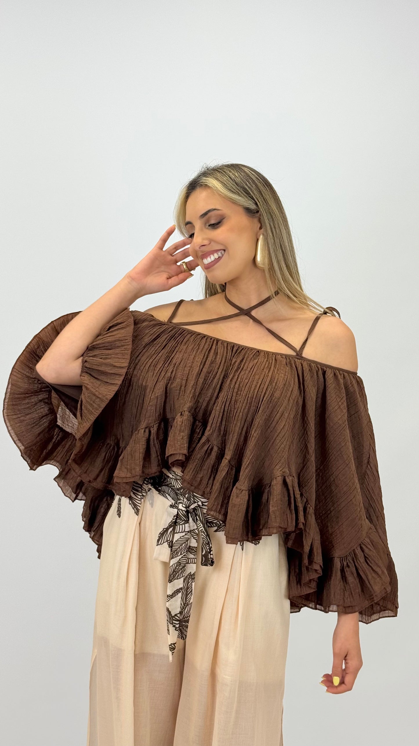 Blusa/Top folhos castanho