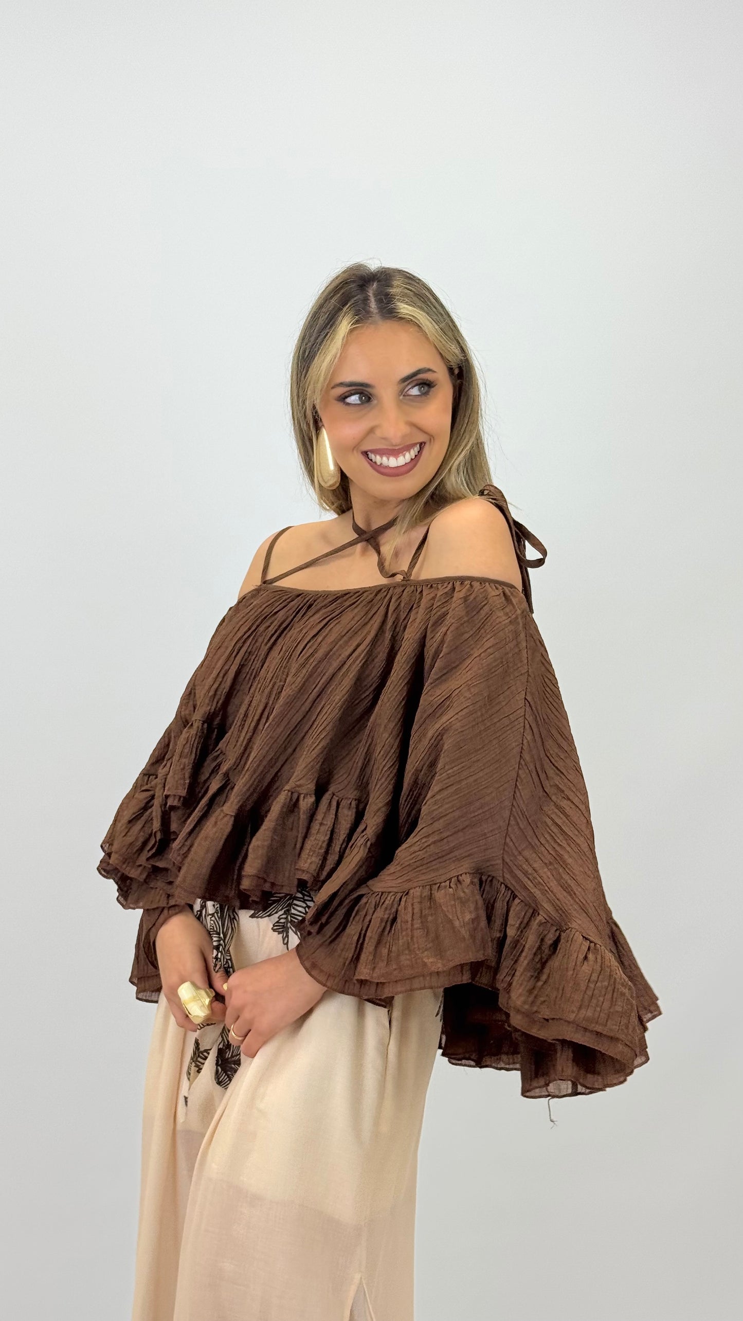 Blusa/Top folhos castanho