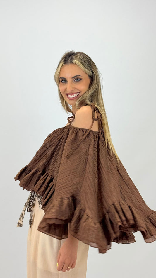 Blusa/Top folhos castanho