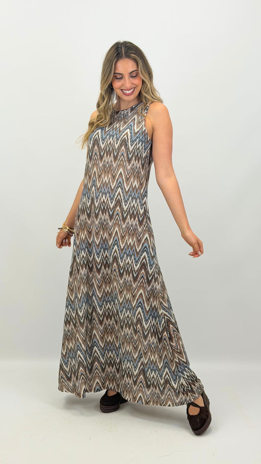 Vestido cavado malha zig-zag brilho tons azul e castanho