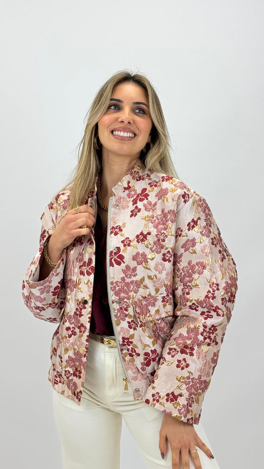 Bomber fundo bege bordados florais dourado, bordeaux e rosa