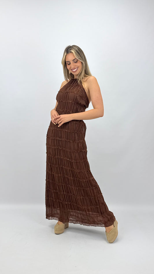 Vestido justo drapeado com folhinhos castanho