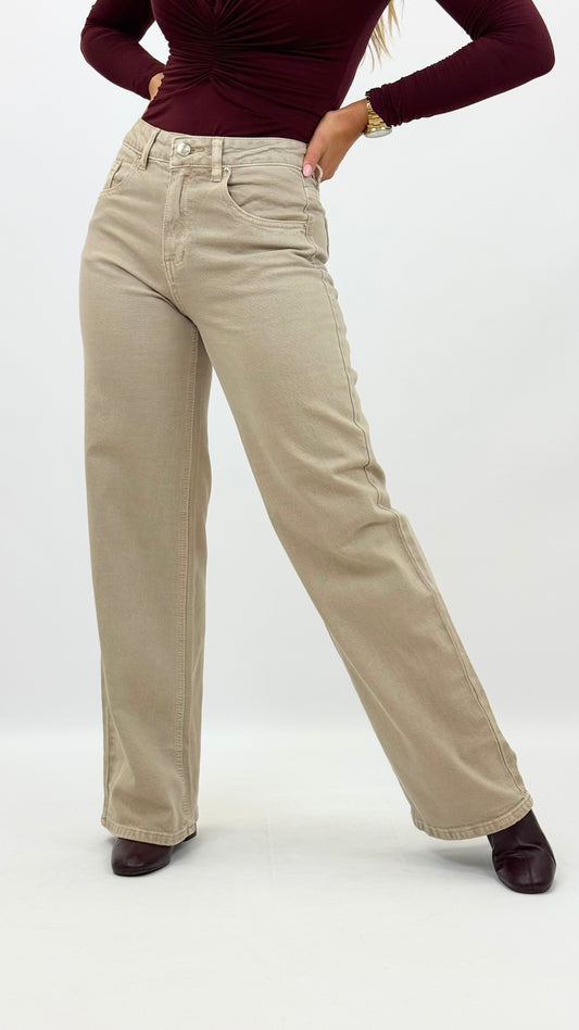 Calça sarja elástica bege wide-leg