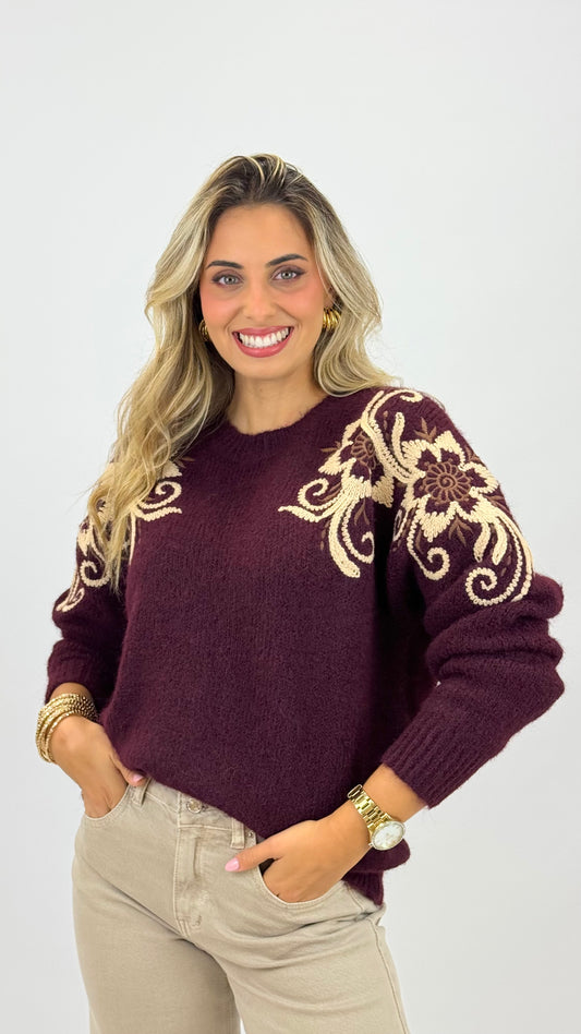 Camisola malha bordeaux bordados florais