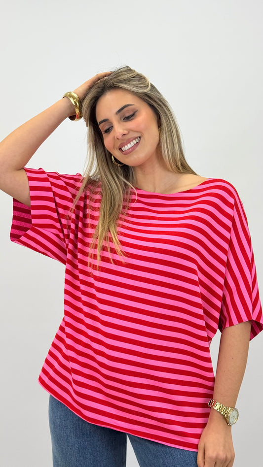 T-shirt malha riscas vermelha e rosa