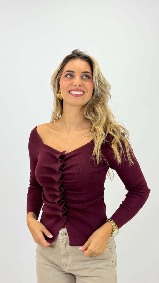 Camisola malha justa bordeaux com folhinhos