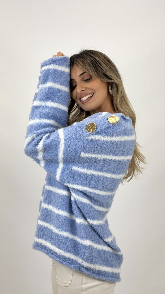 Camisola malha fofa azul-celeste com risca branca