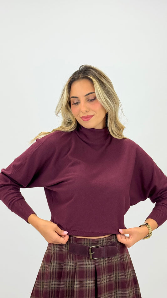 Camisola malha meia-gola drapeada bordeaux