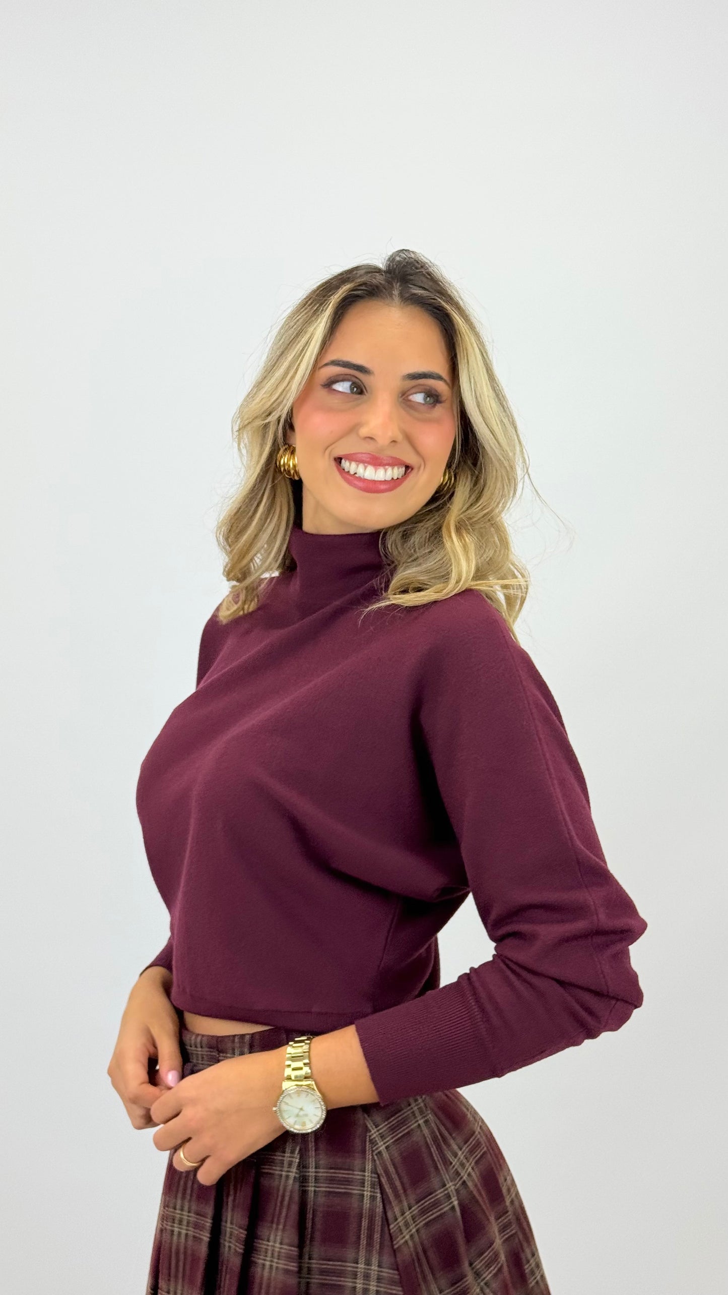 Camisola malha meia-gola drapeada bordeaux