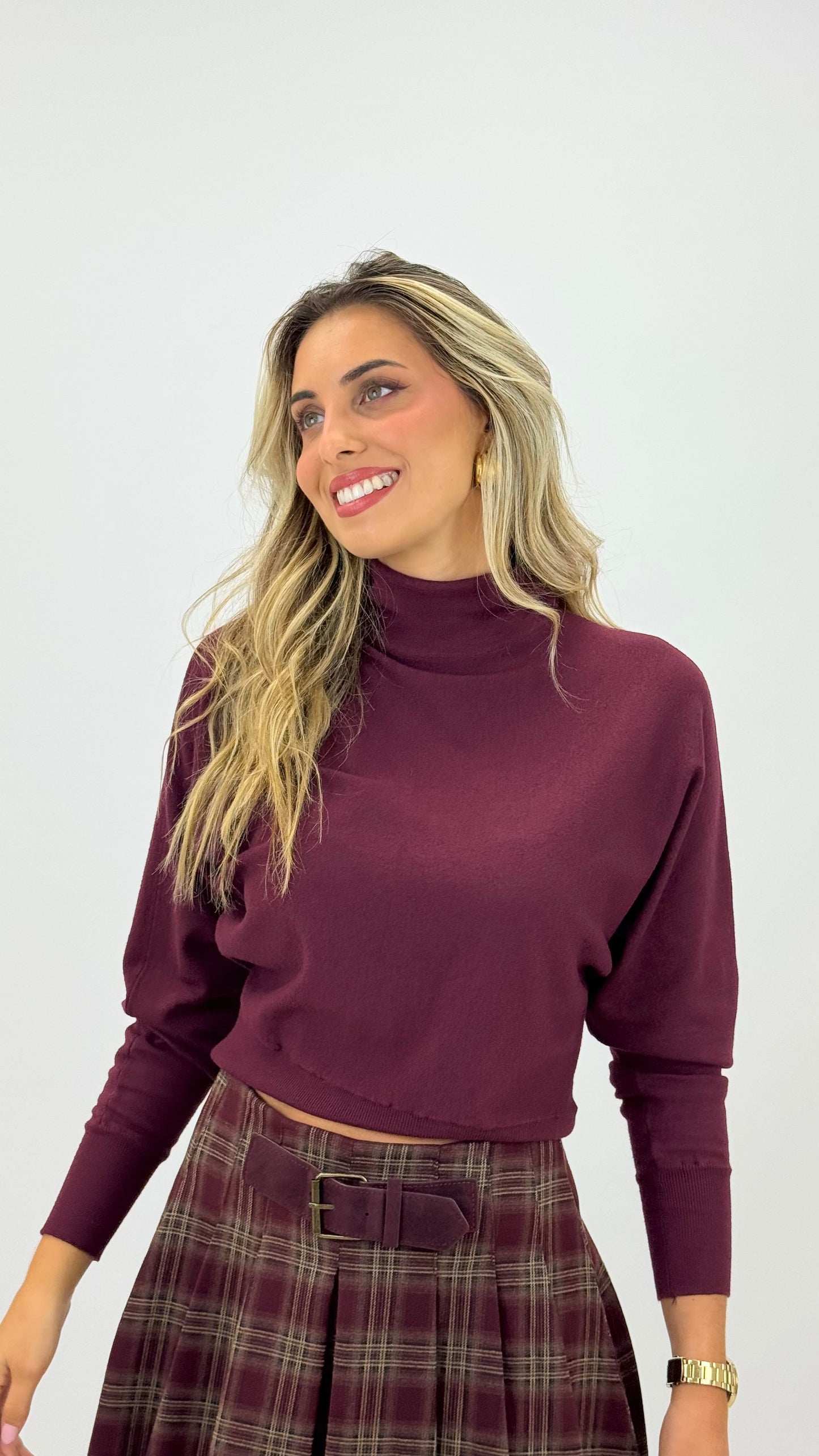 Camisola malha meia-gola drapeada bordeaux