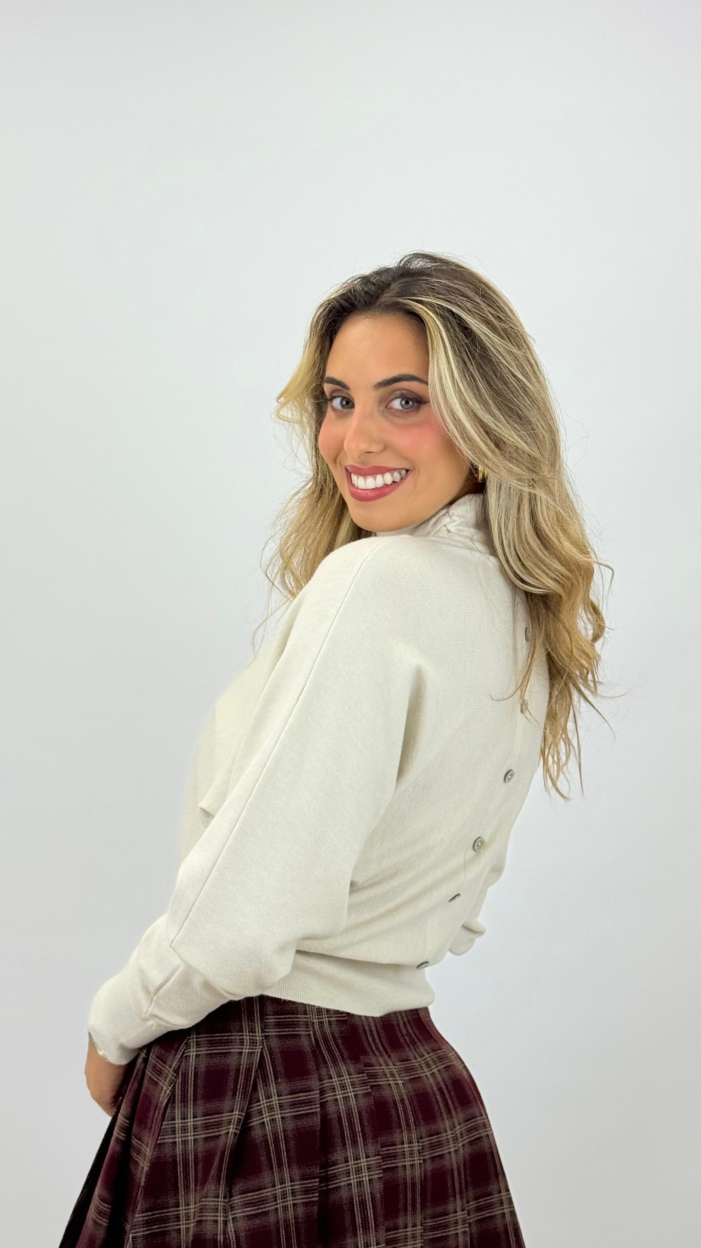 Camisola malha meia-gola drapeada pérola