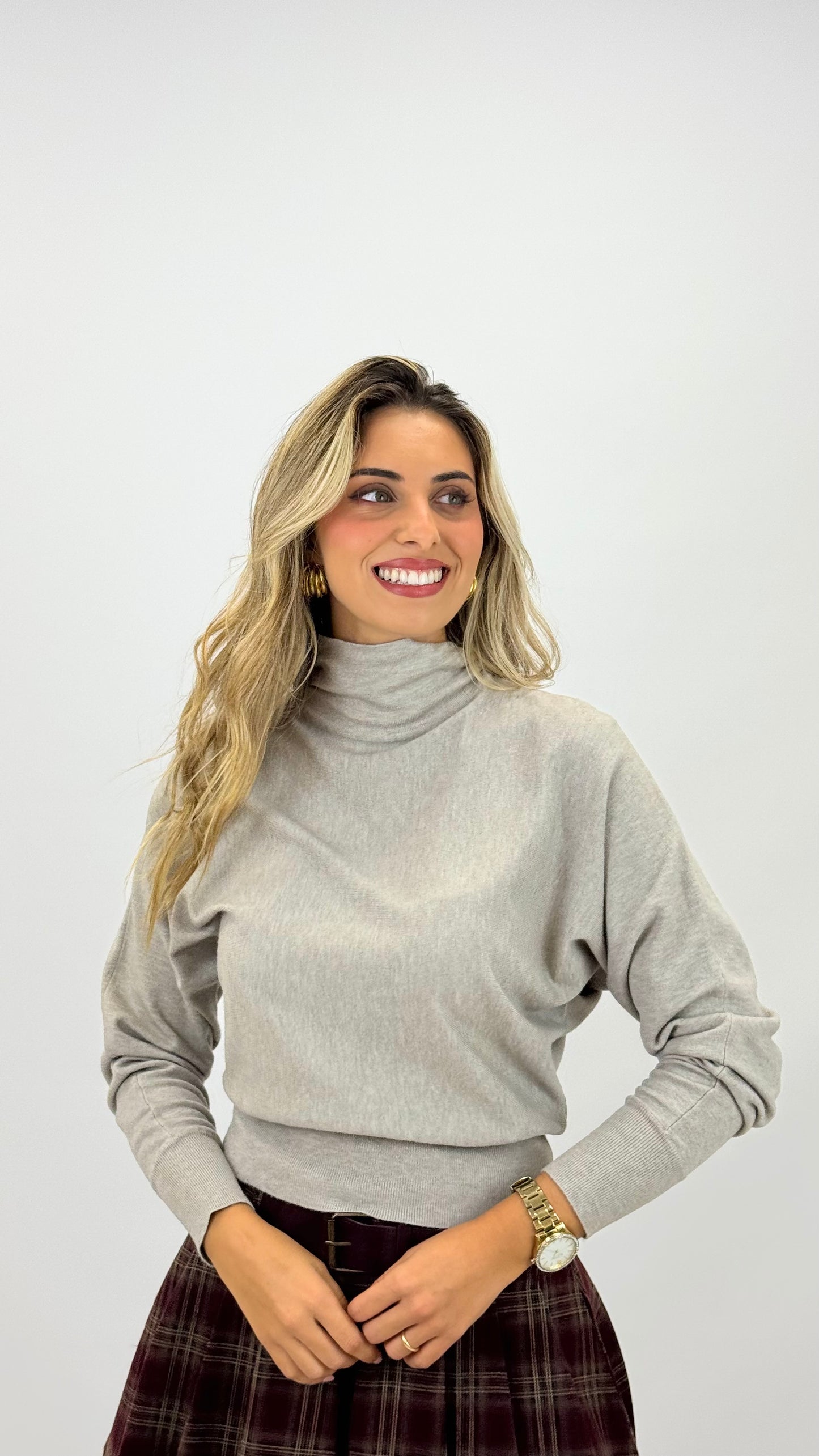 Camisola malha meia-gola drapeada taupe