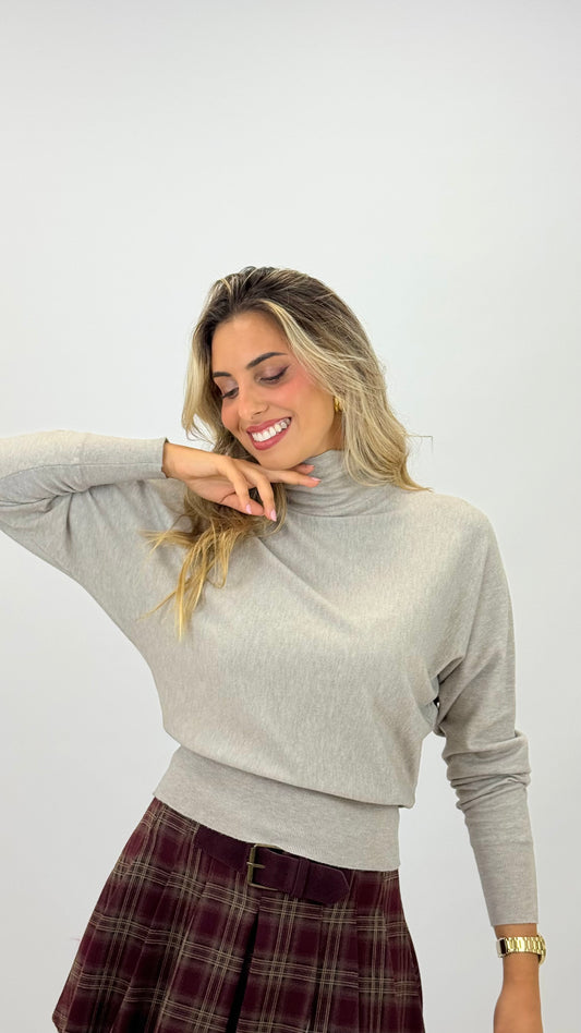 Camisola malha meia-gola drapeada taupe