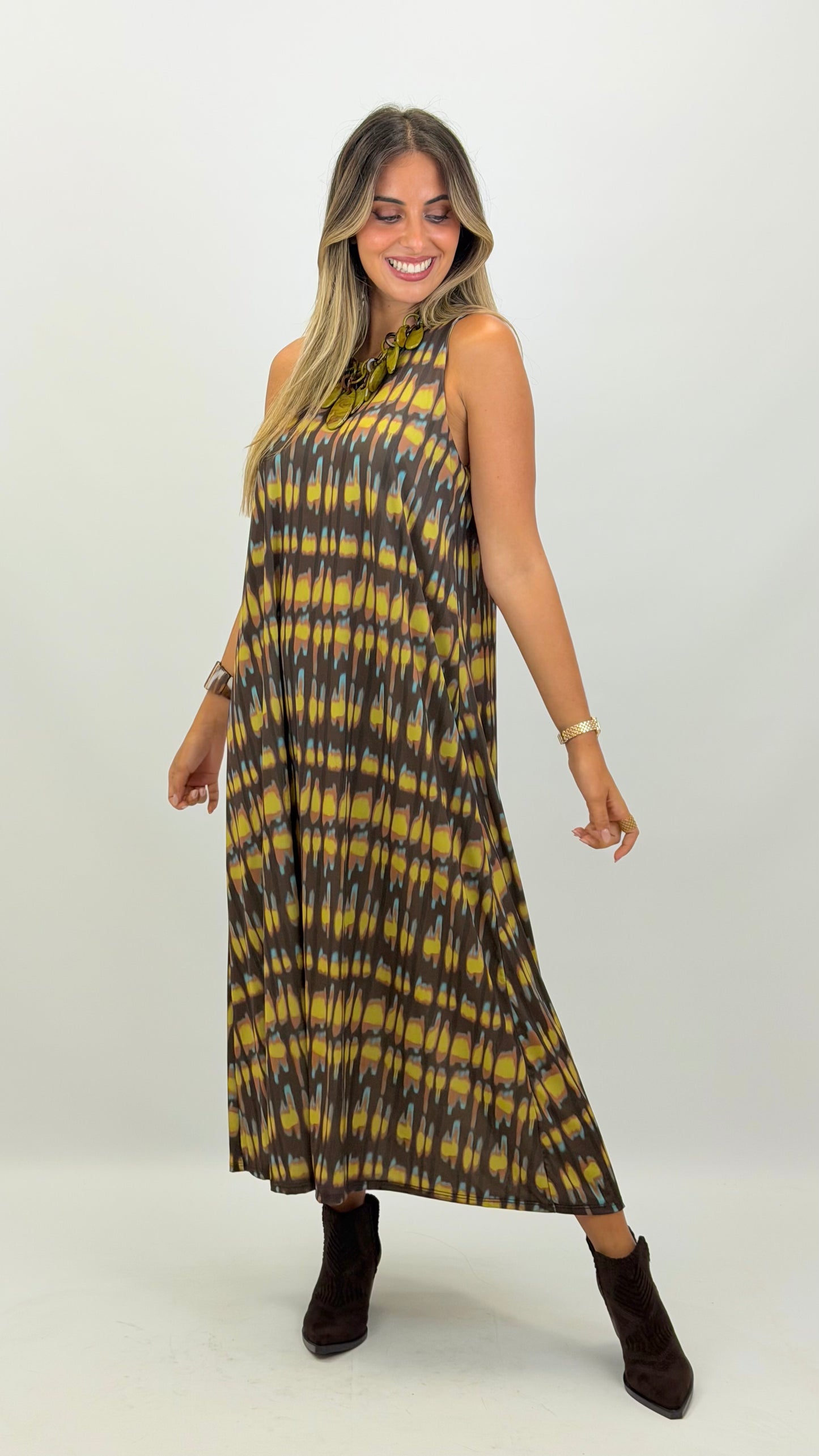 Vestido malha-fria tons verde e castanho