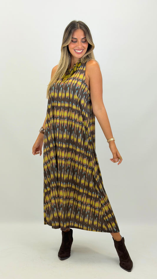 Vestido malha-fria tons verde e castanho