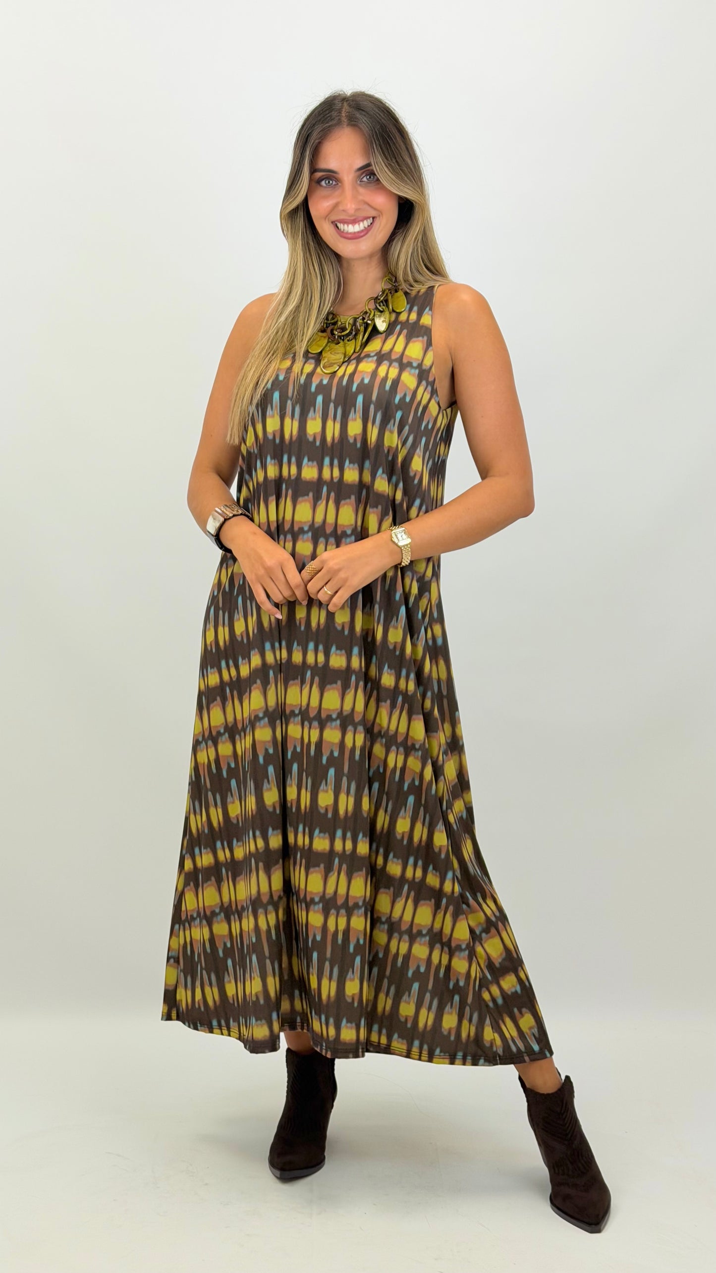 Vestido malha-fria tons verde e castanho