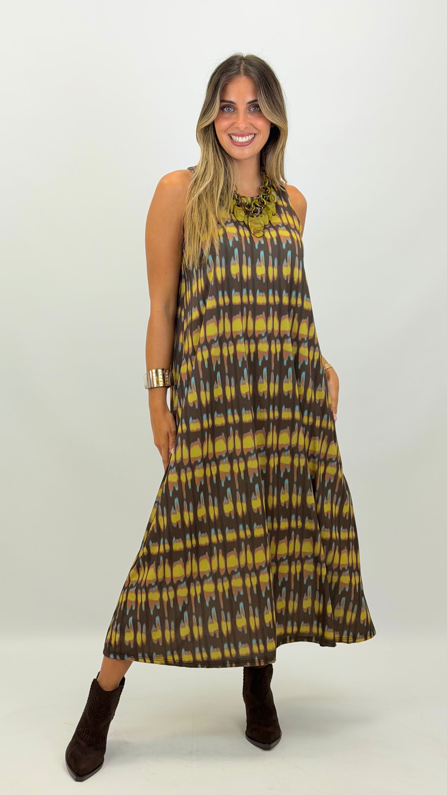Vestido malha-fria tons verde e castanho