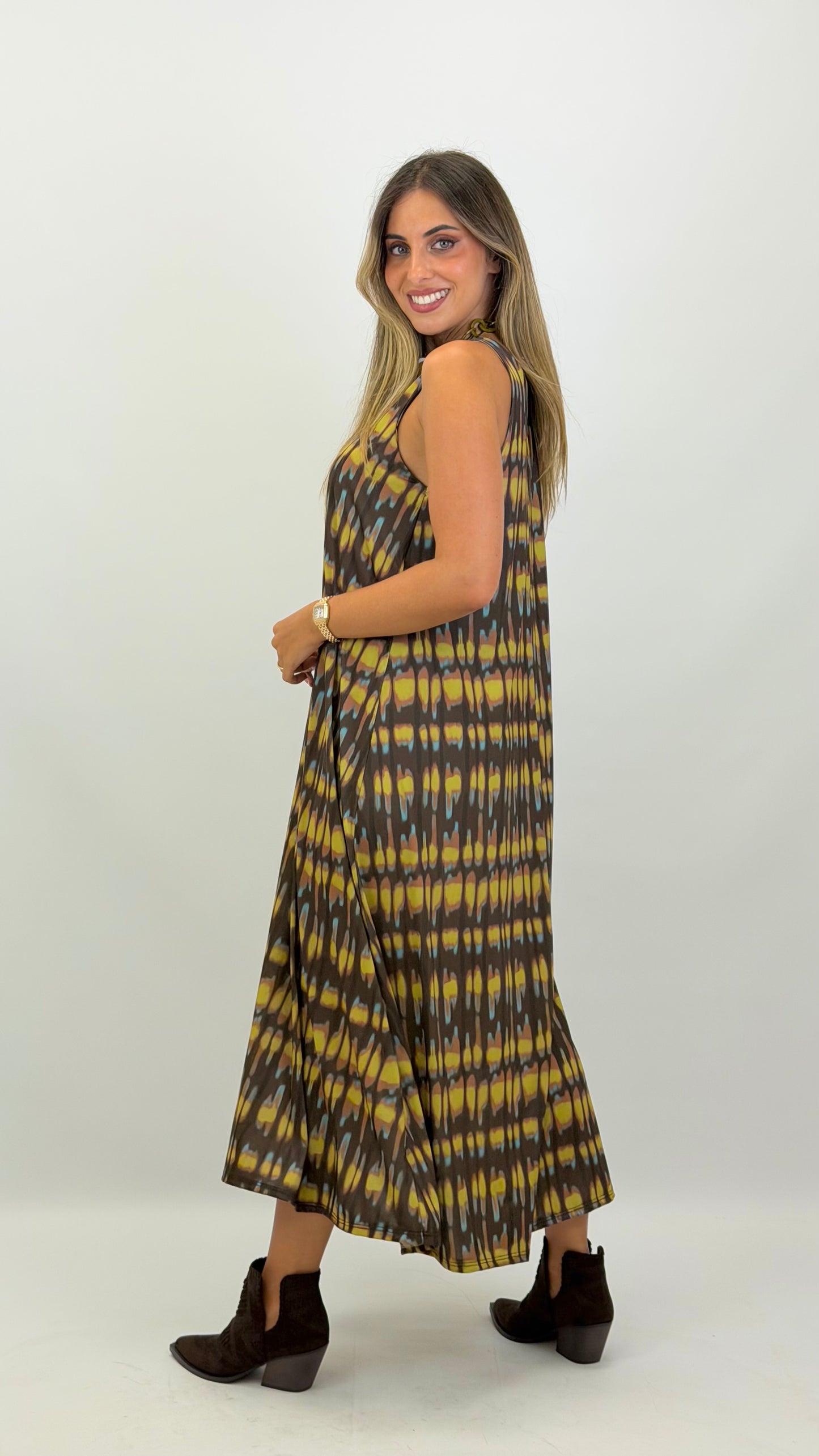 Vestido malha-fria tons verde e castanho