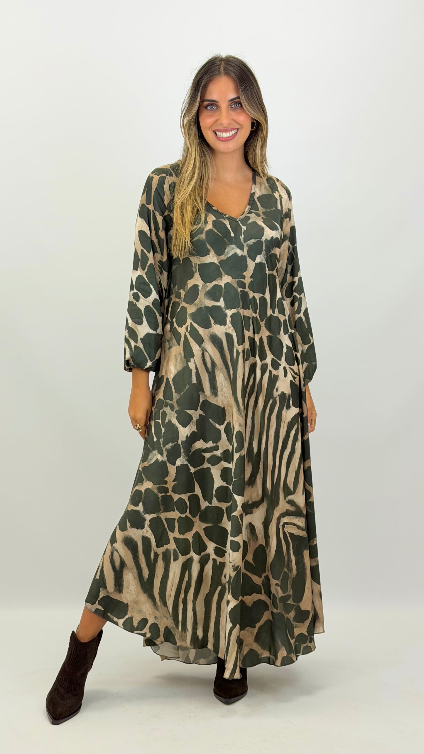 Vestido animal-print tons verde e bege
