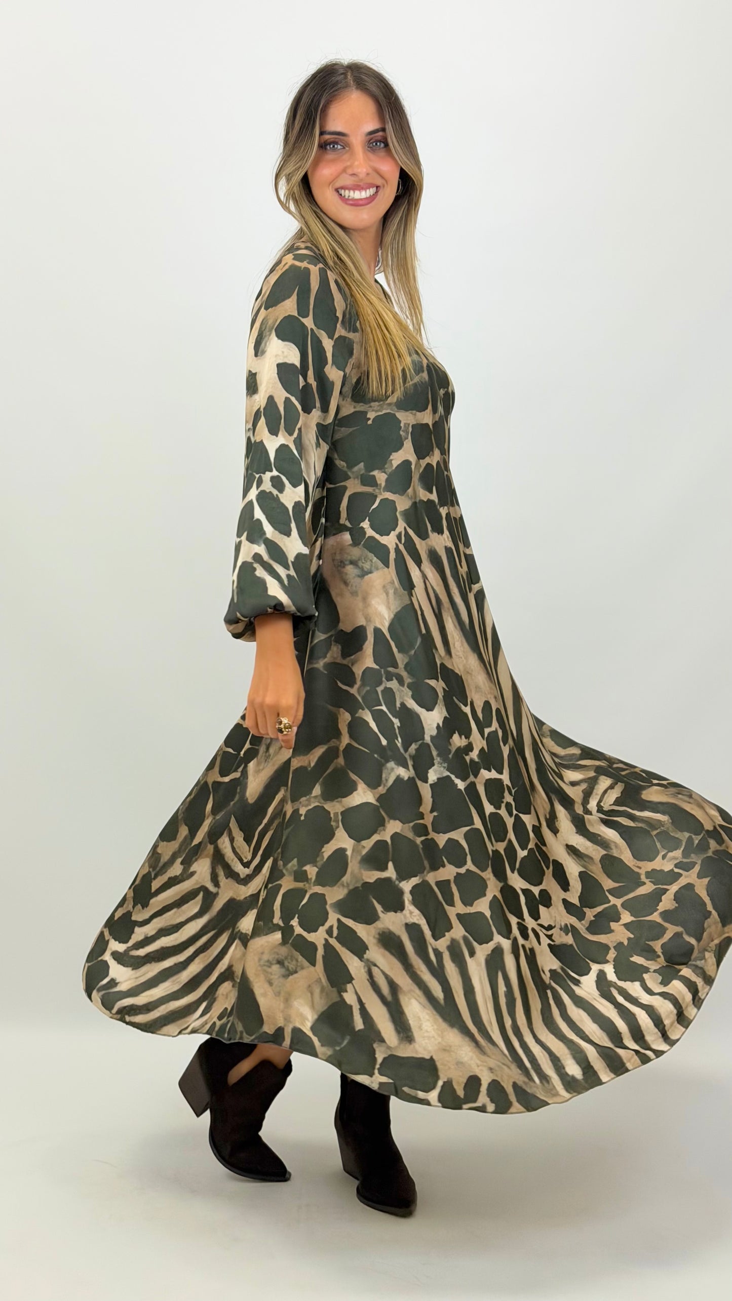 Vestido animal-print tons verde e bege