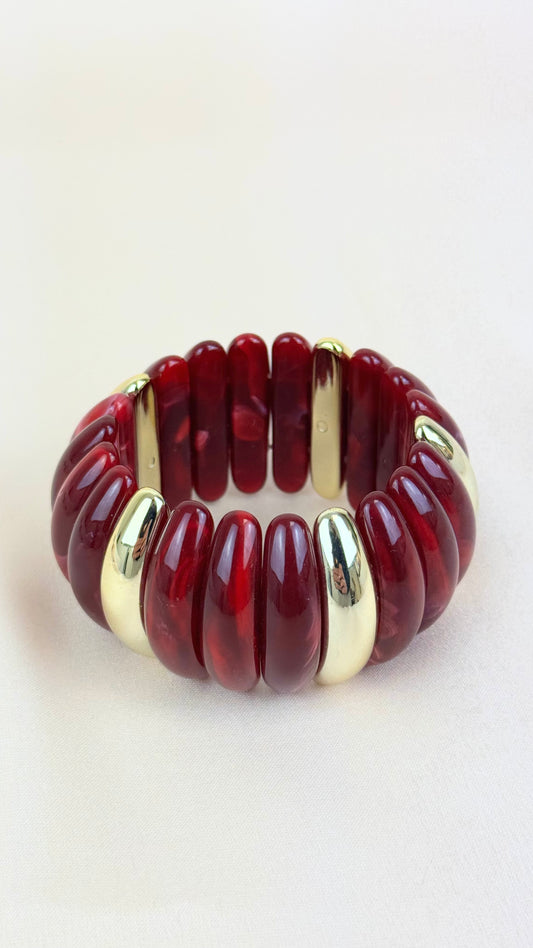 Pulseira acrílicos bordeaux e dourados elastica