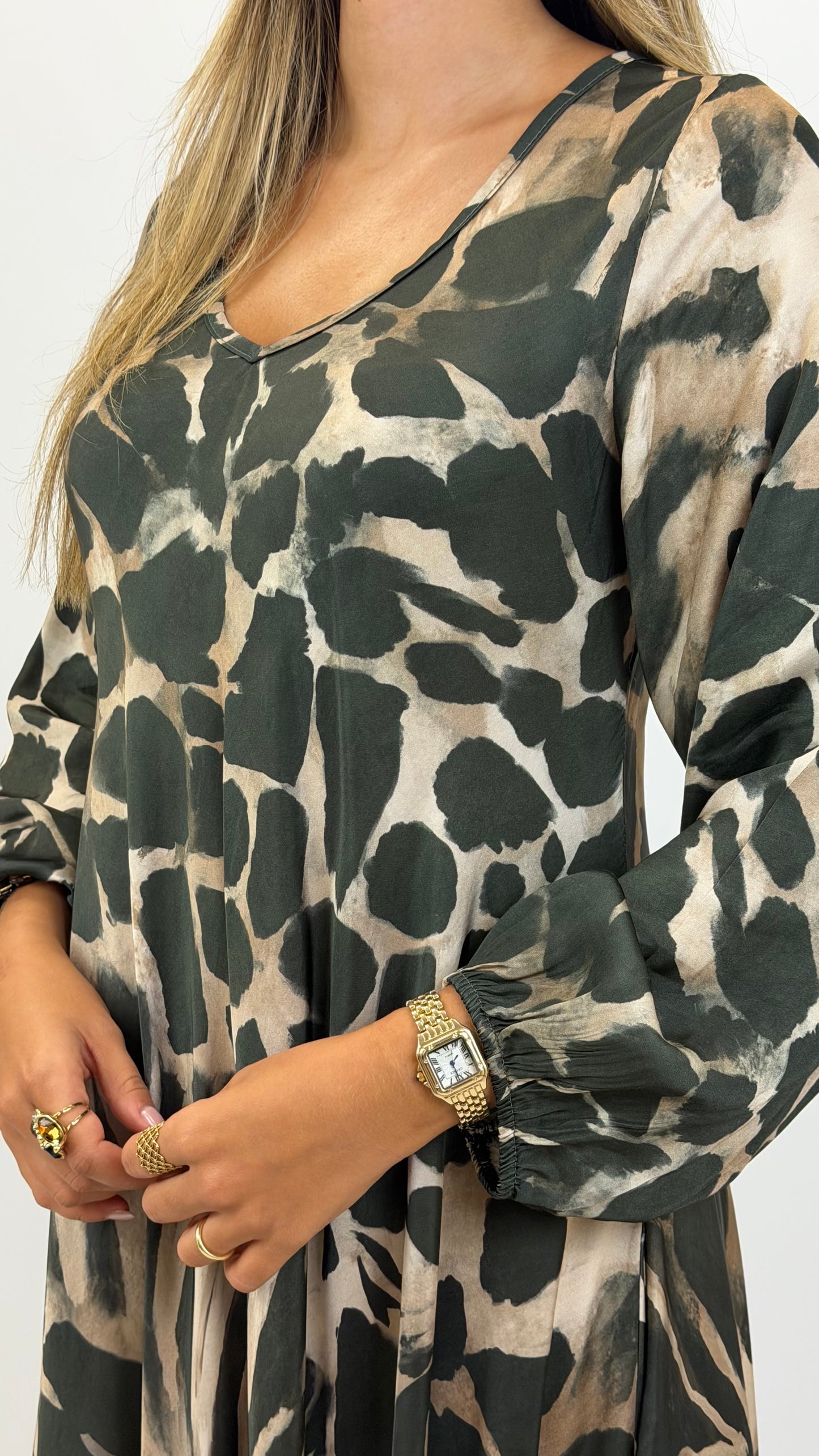Vestido animal-print tons verde e bege