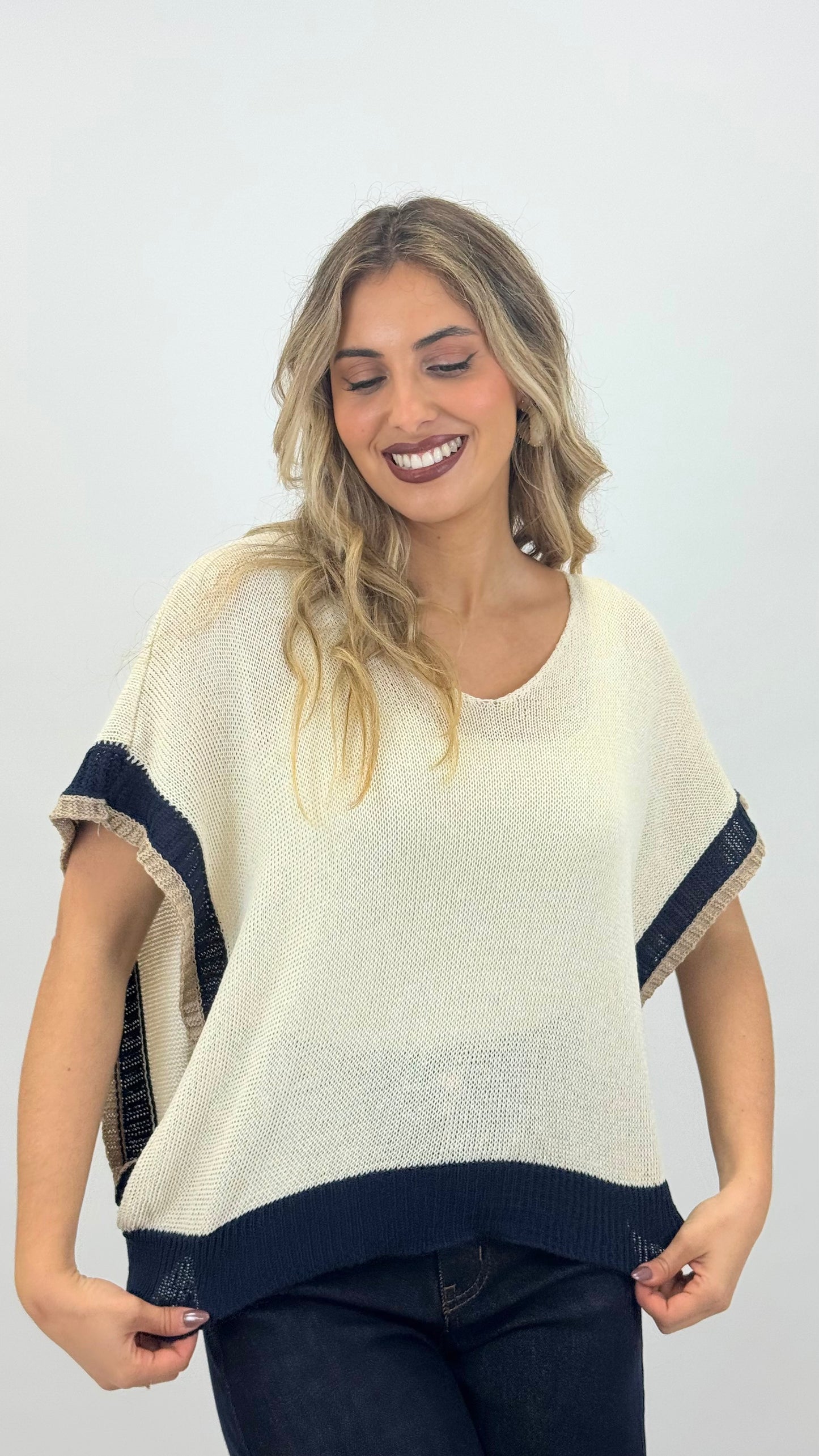 Camisola/colete malha bege com azul-marinho e camel